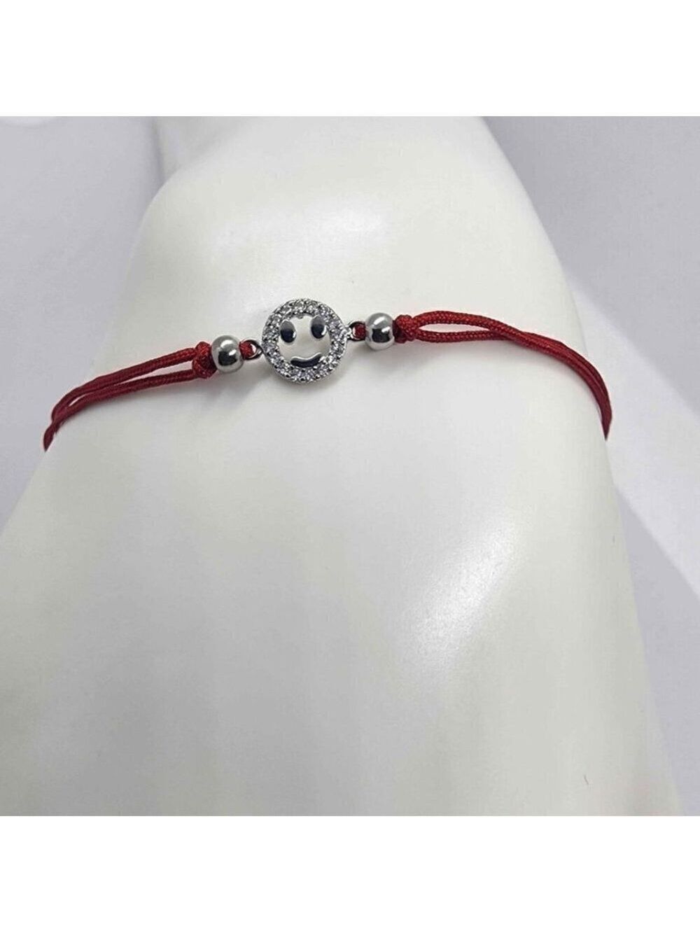 925 Sterling Silver Happy Smile Charm Bracelet with Red Adjustable String